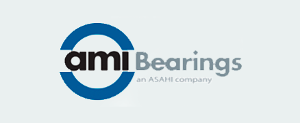 AMI Bearings logo with "ami" in black, a blue circle, and "Bearings" in gray with "an ASAHI company" underneath.