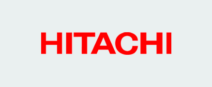 Hitachi logo in bold red uppercase letters.