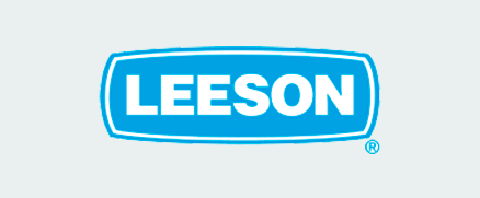 LEESON logo in white uppercase letters on a bright blue rounded rectangle.